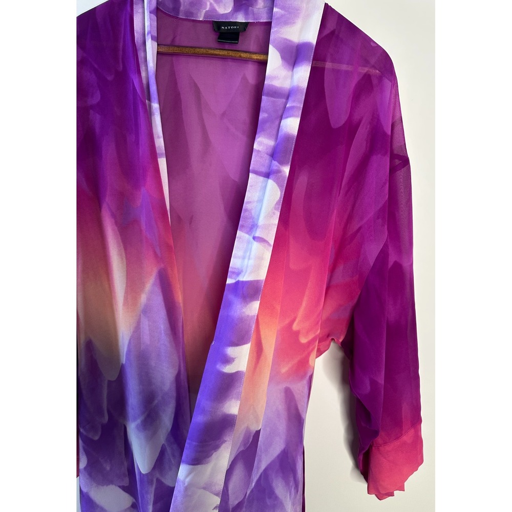 Natori Floral Watercolor Sheer Chiffon Kimono Robe Purple Tie Pockets Medium - Picture 6 of 11